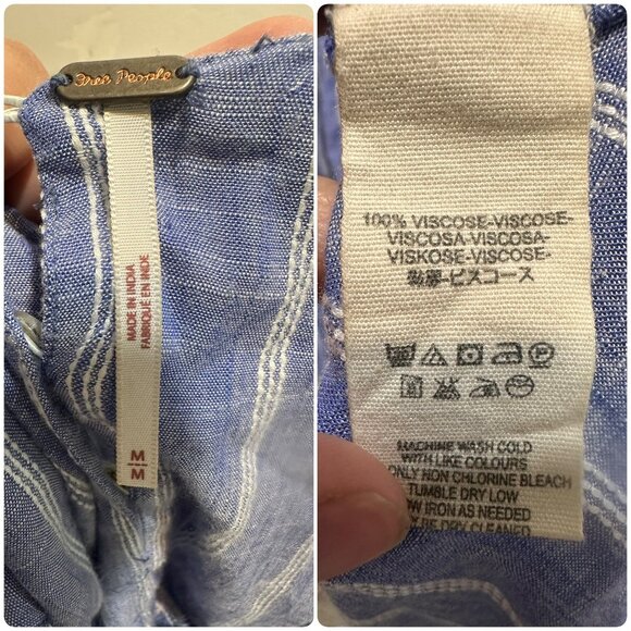 Free People Chambray Striped Dress Medium Pastel Blue Smocked Waist Ruffle Boho - Picture 6 of 16